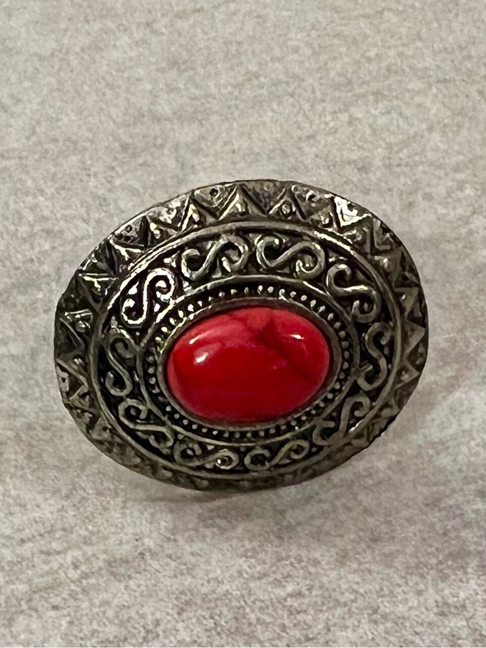 Vintage Boho Red Coral Cabochon Shield Ring Western Southwestern